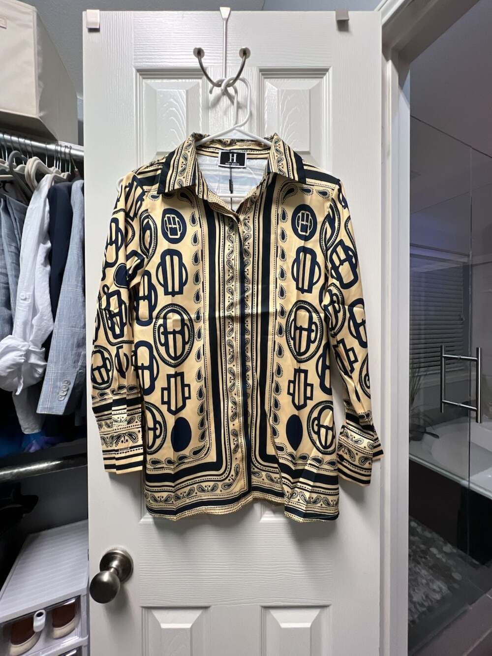 HISO-HIEND Long Sleeve Silk Blouse Yellow Black Printed